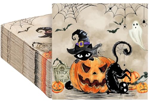 Quera Einweg-Papierservietten, Motiv: schwarze Katze, Kürbis, Partyzubehör, Cocktail-Servietten, perfekt für Halloween, schwarze Katze, Geschenke, Dinner-Party-Dekoration, 16,5 x 16,5 cm, 50 Stück von Quera