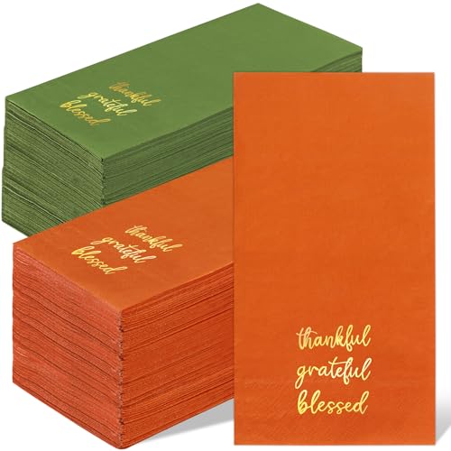 Quera Thanksgiving-Gästeservietten, Goldfolie, "Thankful Blessed Green Orange", Einweg-Papierservietten, Herbsternte, Erntedankfest, Dinner-Partyzubehör, 10 x 20 cm, 80 Stück von Quera