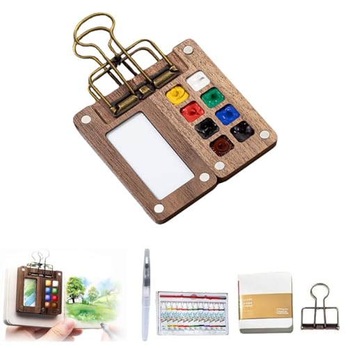 Pocket Artist Aquarell-Reise-Set, 8/15 Fächer, Holz-Reise-Malpalette, Mini-Aquarellfarben-Set, Reisen, tragbare Palette mit Metallclip, Aquarellstift, Zeichenbuch (A-8) von Quesardens