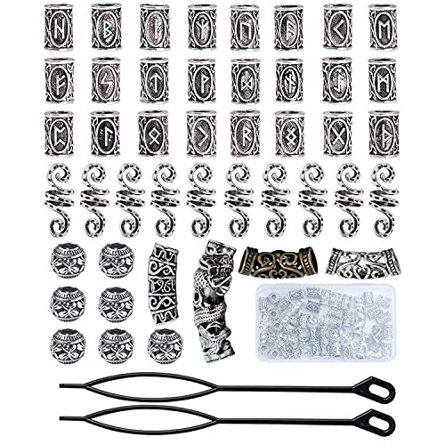 Queta Wikinger Rune Perlen, Nordic Bartperlen, Flechtperlen, Haarperlen, Haarverlängerung Nadel Einfädler Schlaufennadel Microringnadel für Haar Bart Schmuck DIY Halskette Halskette Anhänger (Silber) von Queta