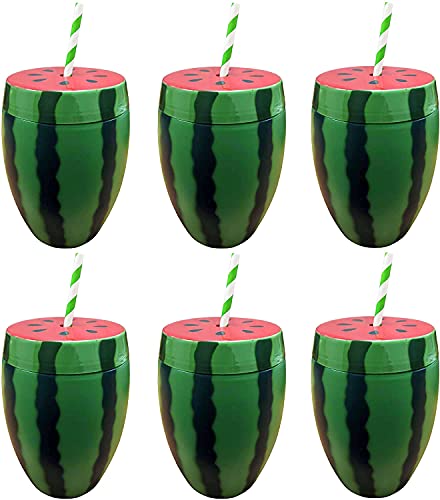 Quickdraw 6 x Wassermelonen-Becher mit Strohhalmen – großer wiederverwendbarer Cocktail-Getränkebecher aus Kunststoff für Hawaii, Luau, Tiki, Strand & Sommerpartys – Tropisches Partygeschirr von Quickdraw