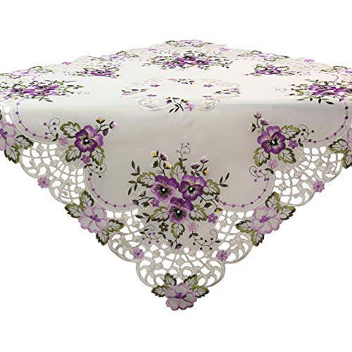 Bestickte Tischdecke mit lila Blumenmotiv, Polyester, Weiß – 85 x 85 cm von Quinnyshop