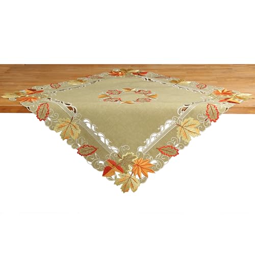 Herbst Blätter Tischdecke Mitteldecke Tischläufer Kissenhülle Leinen-Optik Grün Beige - Größe wählbar (ca. 85 x 85 cm) von Quinnyshop