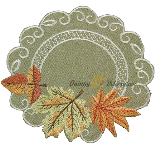 Herbst Blätter Tischläufer Tischdecke Mitteldecke Kissenhülle Leinen-Optik Grün Beige - Größe wählbar (ca. 20 cm Rund) von Quinnyshop