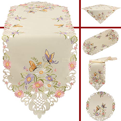 Quinnyshop Bunte Blumen Schmetterling Stickerei Deckchen 30 cm Rund Polyester, Ecru/Creme von Quinnyshop