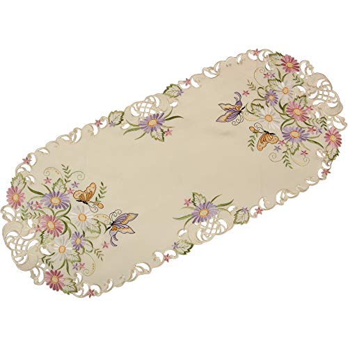 Quinnyshop Bunte Blumen Schmetterling Stickerei Mitteldecke 35x70 cm Rund Polyester, Ecru/Creme von Quinnyshop