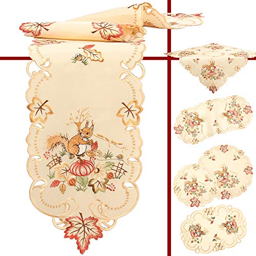 Quinnyshop Eichhörnchen Kürbis Laubblatt Herbst Stickerei Tischdecke Mitteldecke 85 x 85 cm Leinen-Optik, Creme von Quinnyshop