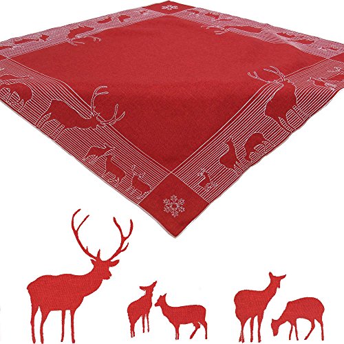 Quinnyshop Hirsch Winter Weihnachts-Stickerei Mitteldecke 85 x 85 cm eckig Polyester, Rot von Quinnyshop