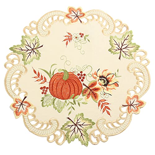 Quinnyshop Kürbis und Sonnenblume Stickerei Tischdeckchen 40 cm Rund Polyester, Creme von Quinnyshop