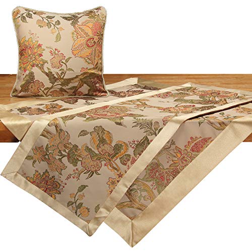 Quinnyshop Orientalische Blumen Grün Gelb Rot Tischdecke Mitteldecke ca. 85 x 85 cm Webmuster, Beige von Quinnyshop