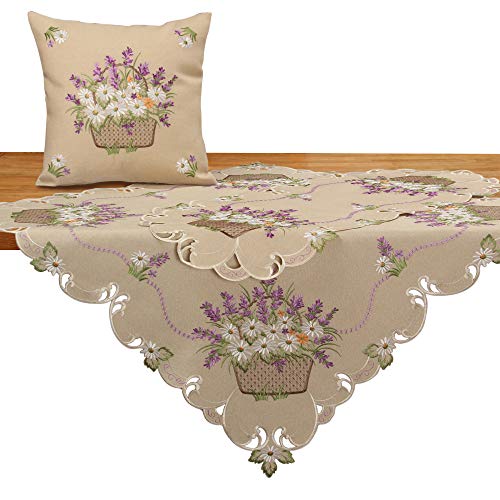 Quinnyshop Romantic Lila Lavendel Gänseblümchen Blumen Stickerei Mitteldecke ca. 85 x 85 cm Polyester, Beige von Quinnyshop