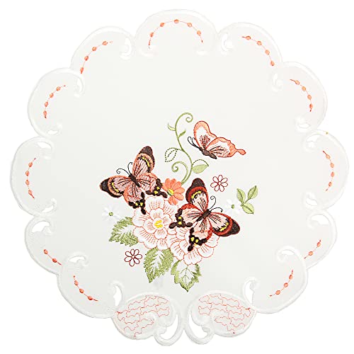 Quinnyshop Rosa Schmetterlinge Stickerei Frühling Tischdecke Deckchen ca. 30 cm Rund Polyester, Weiß von Quinnyshop