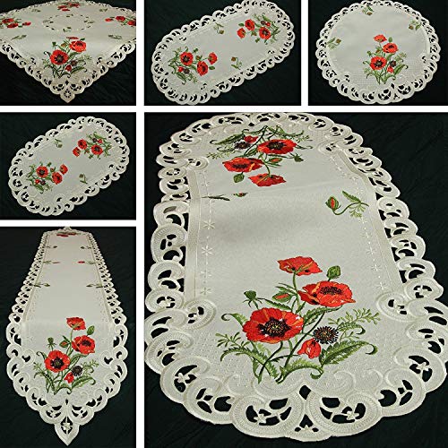 Quinnyshop Roter Klatschmohn Stickerei Tischdeckchen 30 cm Rund Polyester, Creme von Quinnyshop