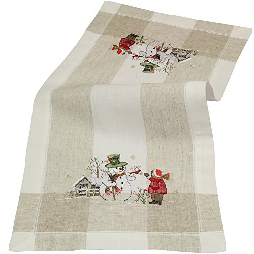 Quinnyshop Schneemann im Winter Stickerei Tischdeckchen 35 x 35 cm Halbleinen, Beige Ecru von Quinnyshop