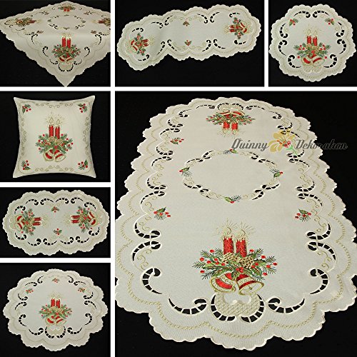 Quinnyshop Weihnachten Creme Rot Gold Leinen-Optik Mitteldecke Tischdecke Tischläufer Kissenhülle - Größe wählbar (ca. 60 cm Rund) von Quinnyshop