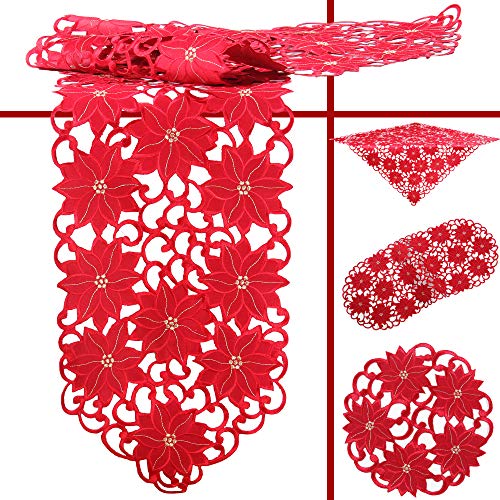 Quinnyshop Weihnachtsstern Poinsettie Winter Stickerei Tischdecke Tischläufer ca. 85 x 85 cm Eckig Polyester, Rot von Quinnyshop