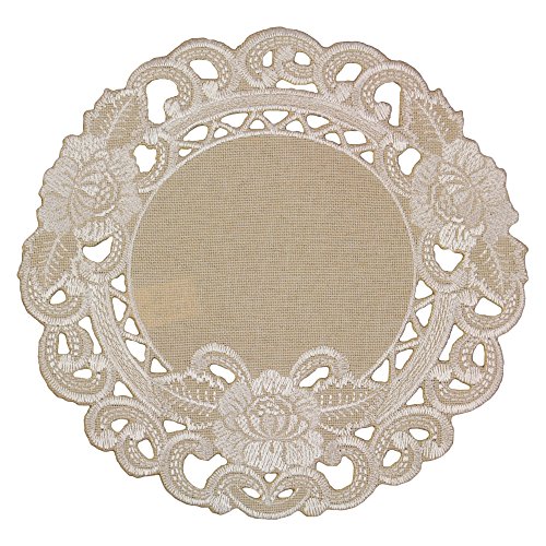 Quinnyshop Weiße Blumen Durchbruchsstickerei Tischdeckchen ca. 20 cm Rund Leinen-Optik, Beige von Quinnyshop