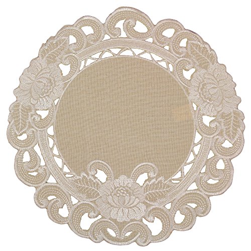 Quinnyshop Weiße Blumen Durchbruchsstickerei Tischdeckchen ca. 30 cm Rund Leinen-Optik, Beige von Quinnyshop