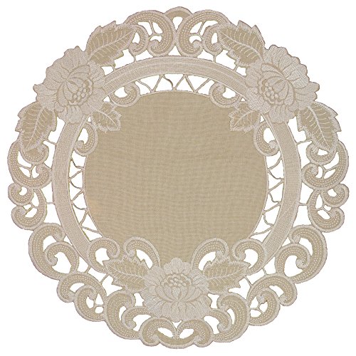 Quinnyshop Weiße Blumen Durchbruchsstickerei Tischdeckchen ca. 40 cm Rund Leinen-Optik, Beige von Quinnyshop