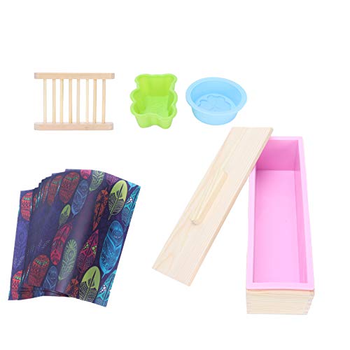 Qukaim Bakeware DIY Silikon Seifen-Set, Rechteckige Seifenherstellung Form mit Holzbox, Seifenregal, Geschenkpapier, Backzubehör, Rosa von Qukaim