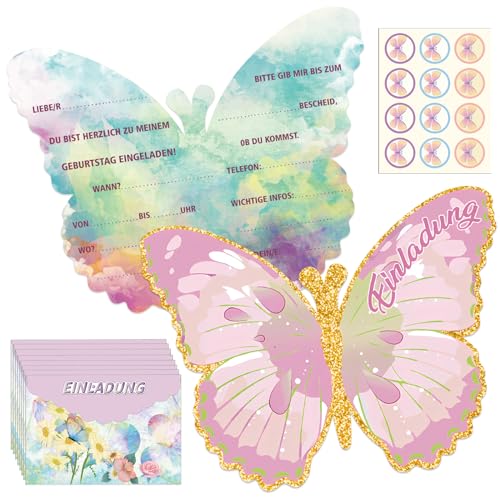 12 Stück Einladungskarten, Einladungskarten Flutter mit Umschlägen, Kindergeburtstag Mädchen Schmetterling Party Einladung, Themed Party Invitations Aufkleber, Einladungskarten Kindergeburtstag von Qunkun