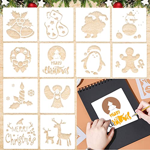 12 Stück Weihnachten Zeichenschablonen,Weihnachten Schablone Set, Zeichenschablonen Malschablonen,DIY Geschenkkarten,Wiederzuverwendend DIY Scrapbooking,Geschenke Weihnachten Kinder von Qunkun