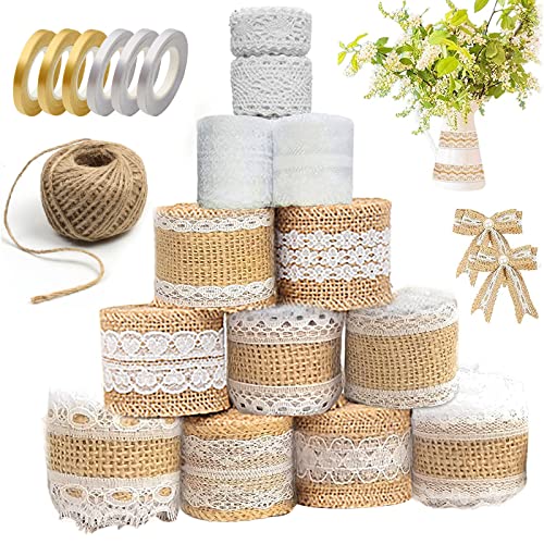 Juteband Spitzenband, 9 Roll Juteband Natur Mit Spitze + 4 Spitzenband weiß Vintage, Natürliche Spitzenband Weiß Vintage, Juteband Leinwand Band für DIY Handwerk Hochzeitsdeko Geschenkband von Qunkun