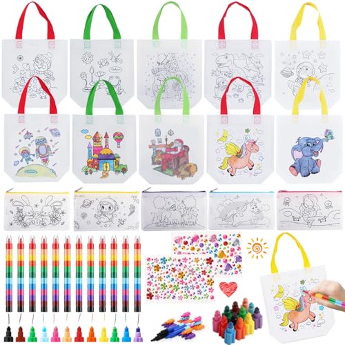 DIY Kinder Stoffbeutel Set, DIY Stoffbeutel zum Bemalen, 10 Stück Taschen zum Bemalen für Kinder und 10 Stück Stapelbare Wachsmalstifte, Perfekt für Kindergeburtstag Gastgeschenke,Bastelset Kindergebu von Qunkun