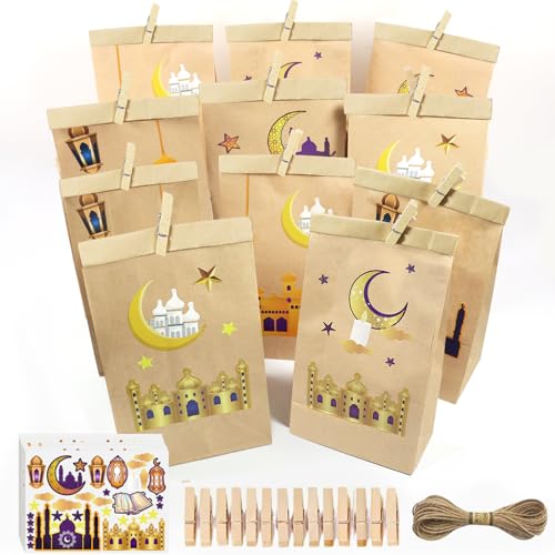 DIY Ramadan zum Befüllen, 30 Stück Eid Mubarak Geschenktüten, Ramadankalender zum Befüllen, Papiertüten, Geschenktüten Aufkleber, Klammern und Zwirn, Eid Mubarak zum Basteln und Verschenken von Qunkun