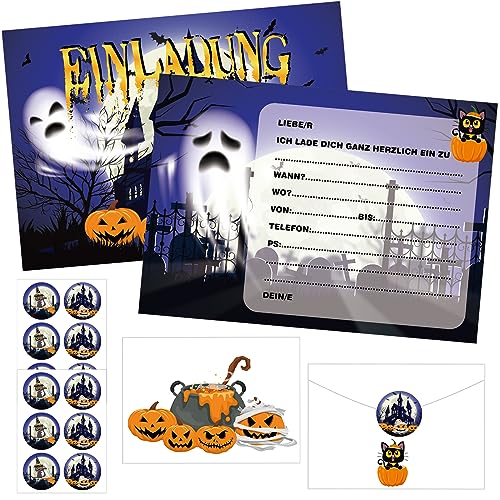 Qunkun Halloween Einladungskarten, 12x Einladung Halloween, Schaurig Halloween Party Einladungskarten, Einladungen, Halloween Grußkarten mit Umschlägen, Halloween Aufklebern für Halloween Party Deko von Qunkun