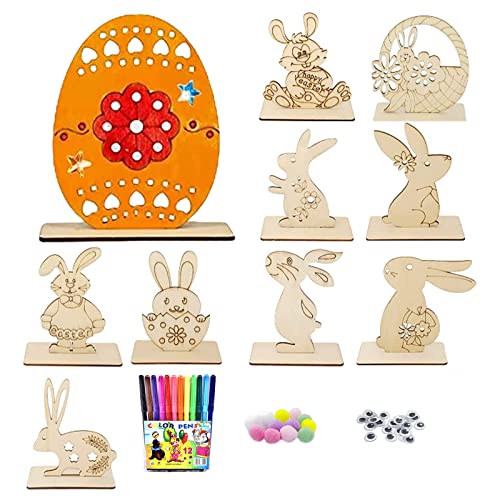 Qunkun Hasen aus Holz zum Bemalen, 10 Stück DIY Osterhase Deko, Ostern Basteln Holz, Osterhase Kinder Bastelsets, Osterhase Holzhuhn Holzeier mit 12 Stift+Selbstklebend Puppe Auge von Qunkun