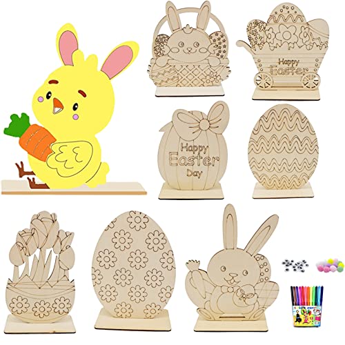 Qunkun Hasen aus Holz zum Bemalen, 8 Stück DIY Osterhase Deko, Ostern Basteln Holz, Osterhase Kinder Bastelsets, Osterhase Holzhuhn Holzeier mit 12 Stift+Selbstklebend Puppe Auge von Qunkun