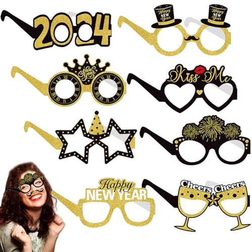 Qunkun Silvester Deko, Silvester Brille, 8 Paar Frohes Neues Jahr Brillen, 2025 Happy New Year Brillen, NeuJahr Deko, Happy New Year Deko, Silveste Party Zubehör für Silvester Party Dekoration von Qunkun