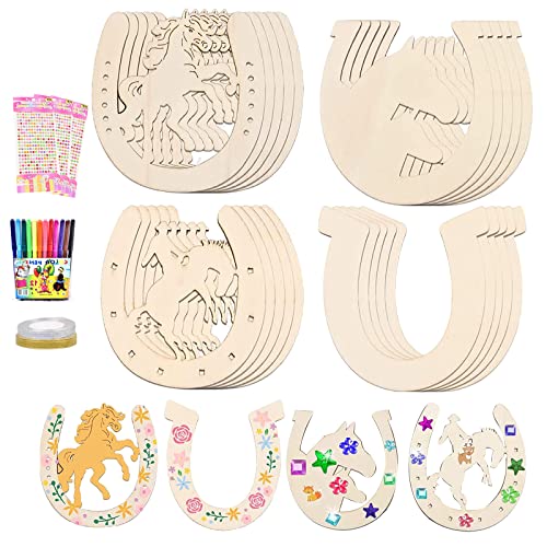 Scheiben Hufeisen, 24 Stück Holz Hufeisen Basteln, Holzhufeisen Handwerk, Holz Hufeisenfür Kinder, Scheiben in Hufeisenform und Sticker mit 12 Aquarellstift und 2 Glitzerband für DIY Dekoration von Qunkun