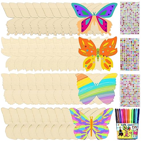 Schmetterling Bastelset Kit, 40 Stück Schmetterlinge Deko, Schmetterlinge Holz, Schmetterling Handwerk Bemalen mit Farbiger Pinsel, Glitzersticker, Schmetterling Bastelset für DIY Malen Dekoration von Qunkun