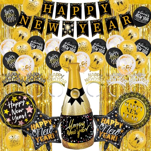 Silvester Deko, Silvester Dekoration 2025, 34PCS Neujahr Silvesterdeko, Happy New Year Banner, Silvester Luftballon, Party Krachmacher, Silvester Haarreifen, Silvester Accessoire für Silvester Party von Qunkun