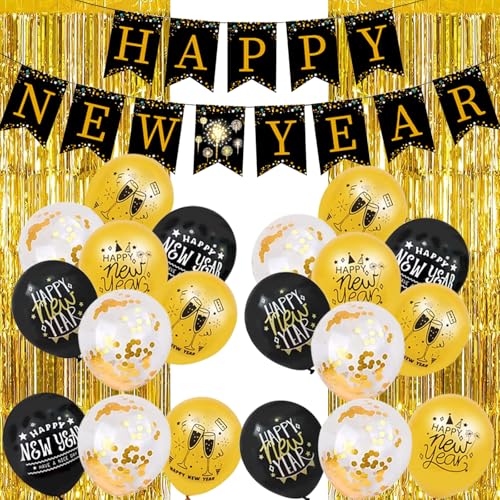 Silvester Deko, Silvester Dekoration 2025, 27PCS Neujahr Silvesterdeko, Happy New Year Banner, Silvester Luftballon, Party Krachmacher, Silvester Haarreifen, Silvester Accessoire für Silvester Party von Qunkun