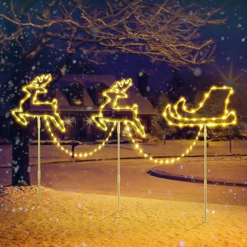 Quntis 129 LED Weihnachtsdeko Außen mit Erdspieß, 2 Rentiere mit Schlitten, Gartendeko mit Timer, IP65 wasserdichte Weihnachtsbeleuchtung Outdoor Warmweiß/Bunt, Strombetriebener Gartenstecker Hof Weg von Quntis