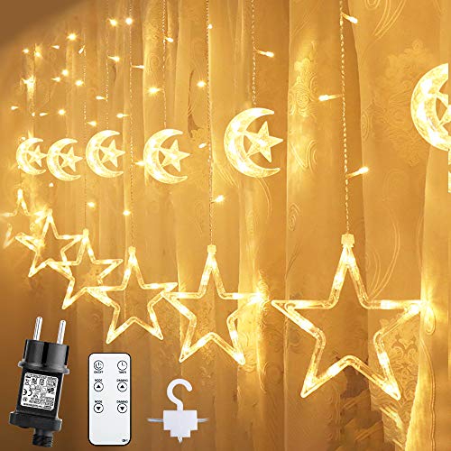 Quntis 138 LEDs 2m 12 Mond Sterne Lichtervorhang mit Haken Timer Dimmbar Fernbedienung, 8 Modi Lichterkette Warmweiß mit Stecker Innen Außen, Deko Weihnachtsbeleuchtung von Quntis