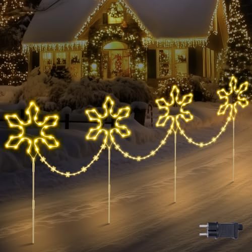 Quntis 176 LED Weihnachtsdeko Außen mit Erdspieß, 4 große Schneeflocken Gartendeko mit Timer, IP65 wasserdichte Weihnachtsbeleuchtung Outdoor Warmweiß, Strombetriebener Gartenstecker Hof Weg Balkon von Quntis