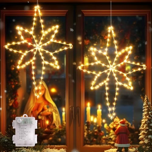 Quntis 2 Stück Weihnachtssterne faltbar, 58cm große Stern 236 LED Fensterdeko mit Batterie Timer Haken, IP44 Weihnachtsdeko Innen Außen Warmweiß, Metall Weihnachtsbeleuchtung Outdoor Fenster Tür Wand von Quntis