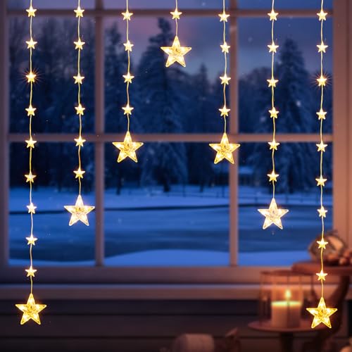 Quntis 7+39 Sterne Lichtervorhang Fenster mit Batterie Timer Haken, 74 LED Fensterdeko Weihnachtsdeko Innen Warmweiß, IP65 Lichterkette Außen Weihnachtsbeleuchtung 8 Modi Sternenvorhang Glas Zimmer von Quntis