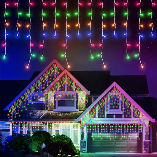 Quntis Eisregen Lichterkette Außen 10m 400 LED, Bunte IP44 Lichtervorhang Fenster, Weihnachtsbeleuchtung Innen Strombetrieben, Timer 8 Modi Regenlichterkette Weihnachtsdeko Outdoor für Balkon Terrasse von Quntis