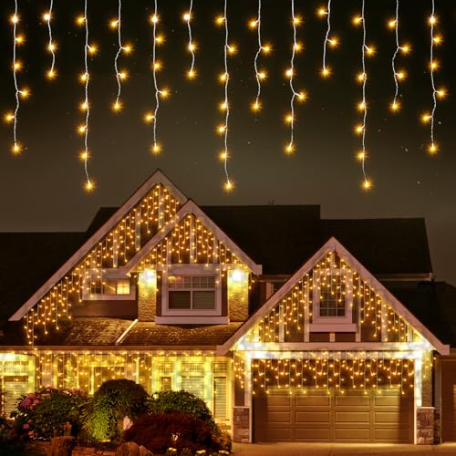 Quntis Eisregen Lichterkette Außen 10m 400 LED, IP44 Lichtervorhang Fenster Strombetrieben, Eiszapfen Weihnachtsbeleuchtung Innen Warmweiß, Timer 8 Modi, Erweitebare Weihnachtsdeko für Balkon Terrasse von Quntis