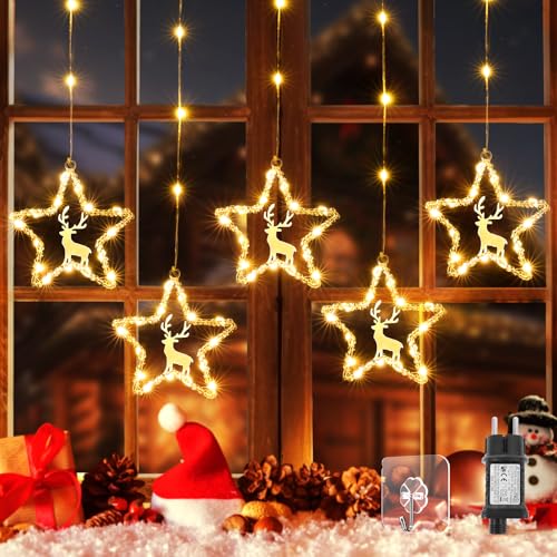 Quntis Sterne Lichtervorhang mit 5 Sterne und Rentier, Weihnachtsbeleuchtung Fenster Strom 1,2M 94LED Lichterkette Sternenvorhang aus Metall mit Timer 8 Modi Fensterdeko Innen Weihnachtsdeko Zimmer von Quntis