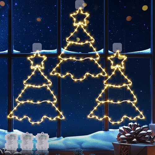 Quntis 3er Weihnachtsdeko Fenster 38cm große Weihnachtsbaum aus Metall 210LED Weihnachten Fensterdeko mit Batterie Timer Haken 8 Modi Hängende Weihnachtsbeleuchtung für Innen Außen Fenster Wand von Quntis