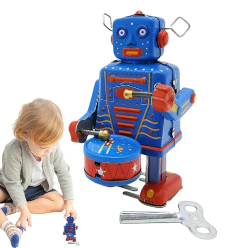 Qurygin Roboter-Retro-Spielzeug,Retro-Aufziehspielzeug | Metallroboter-Trommelspielzeug - Blaues süßes Uhrwerkspielzeug, tragbares antikes Spielzeug für Bücherregal, Schlafzimmer, Tischdekoration von Qurygin