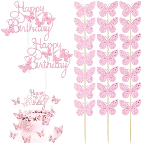 Tortenaufsätze "Happy Birthday", rosa Schmetterlingskuchendekorationen, glitzernde Schmetterlingskuchenaufsätze, Schmetterlings-Thema, Cupcake-Topper, Partyzubehör, Cupcake-Topper für von Qusmeiyici