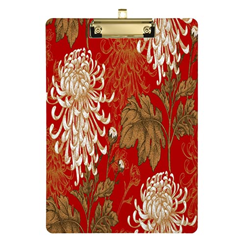 Japanische Blumen-Chrysanthemen-Klemmbrett für Kinder, Jungen, Mädchen, stilvolles Standard-A4-Briefformat, 22,9 x 31,8 cm, Acryl-Klemmbrett mit flachem Profil, silberfarbener Metallclip für von Quteprint