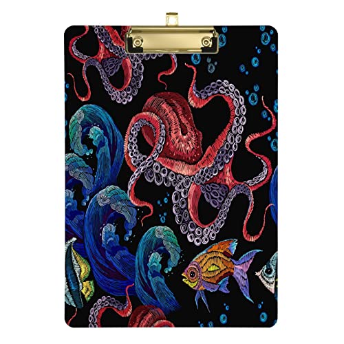 Oktopus-Klemmbrett mit Meerestieren, tropische Fische, für Kinder, Jungen, Mädchen, stilvolles Standard-A4-Format in Briefgröße, 22,9 x 31,8 cm, Acryl-Klemmbrett mit flachem Profil, Metall-Goldclip von Quteprint